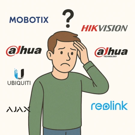 Illustrazione di un cliente indeciso tra Mobotix, Hikvision, Dahua, Ubiquiti, Ajax e Reolink.